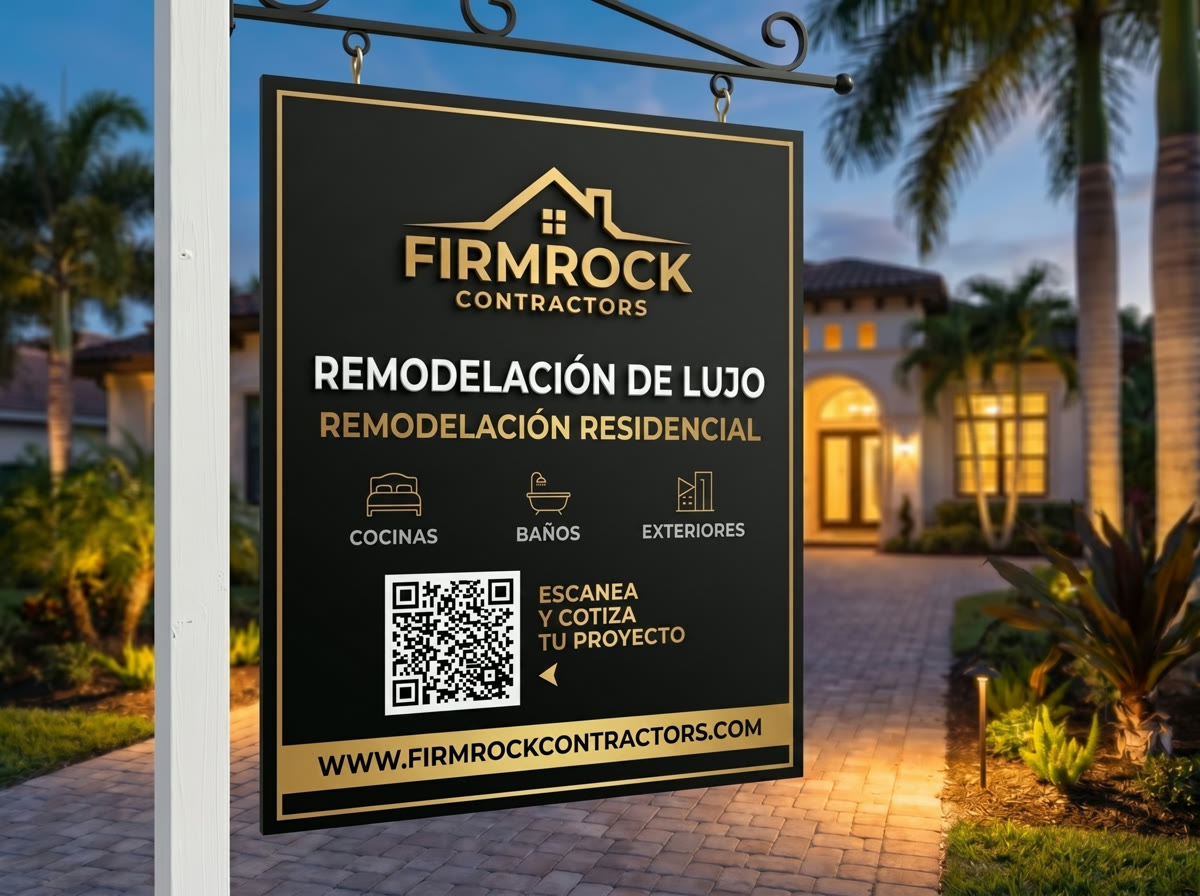 Letrero de propiedad con código QR frente a una residencia de lujo remodelada