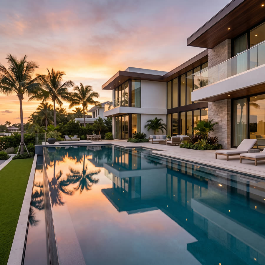 Concepto de contenido: exterior de lujo al atardecer