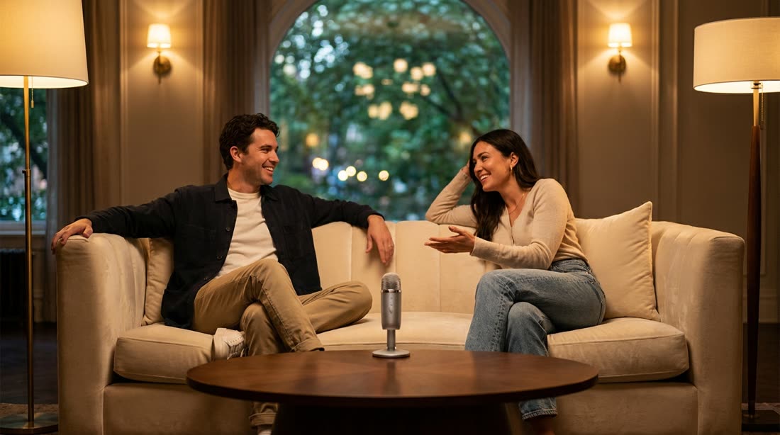 Conversación tipo podcast con un cliente, en un ambiente cálido y premium