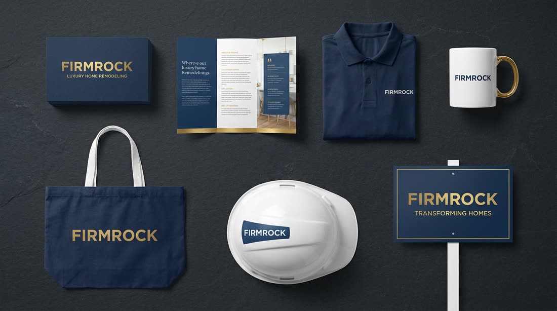 Material POP y branding físico: tarjetas, brochure, uniforme, casco y señalética con la identidad de marca