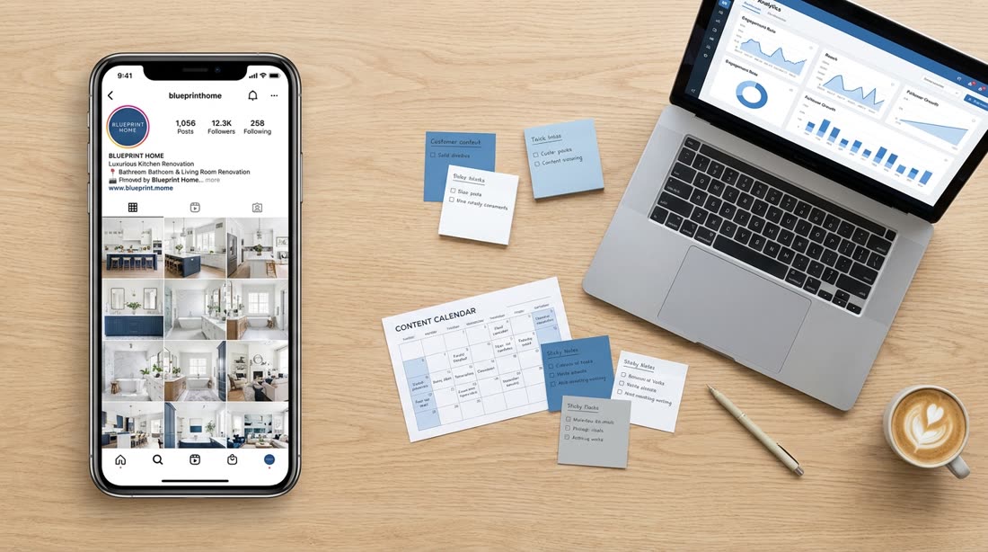 Gestión de redes sociales: feed de Instagram con contenido de remodelaciones de lujo y reporte de alcance
