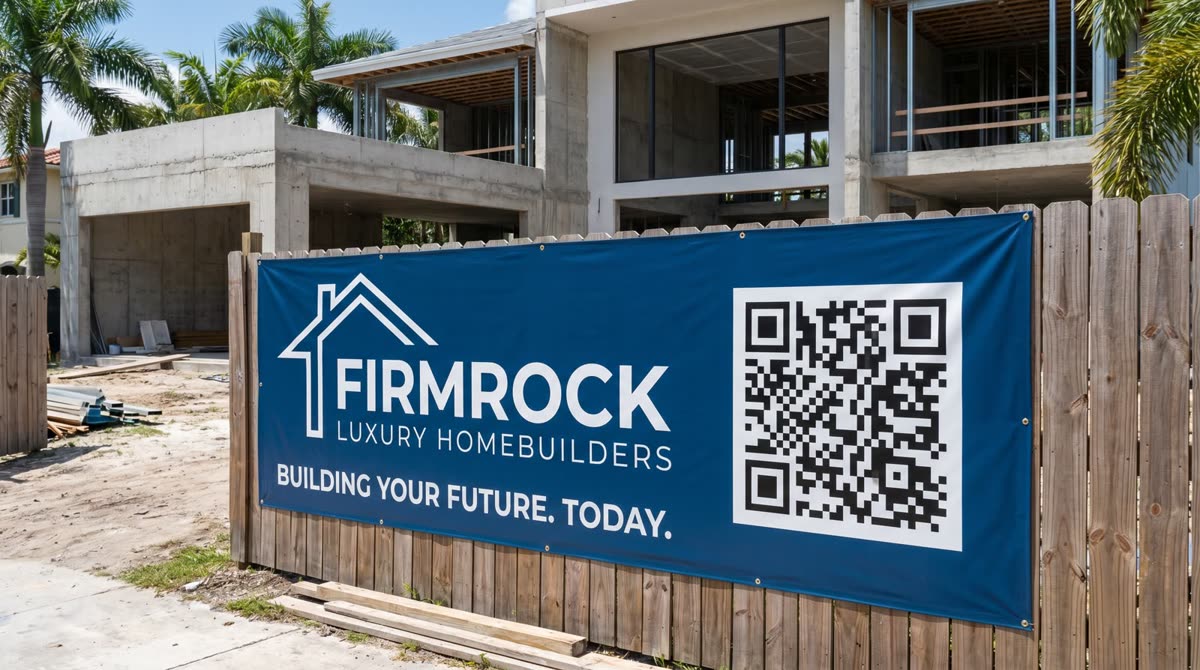 Valla de obra con código QR frente a una residencia en construcción
